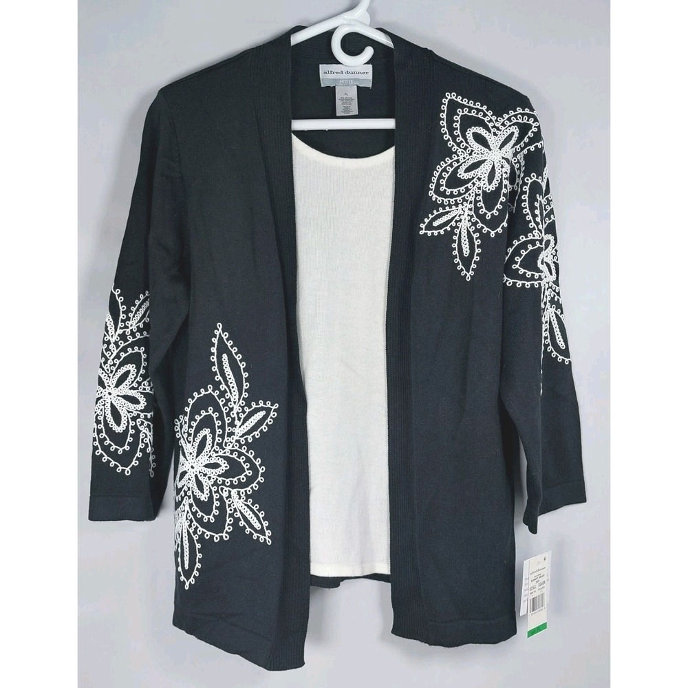Alfred Dunner Cardigan Shell Two-Piece Look Petite L Black White Embroidered New